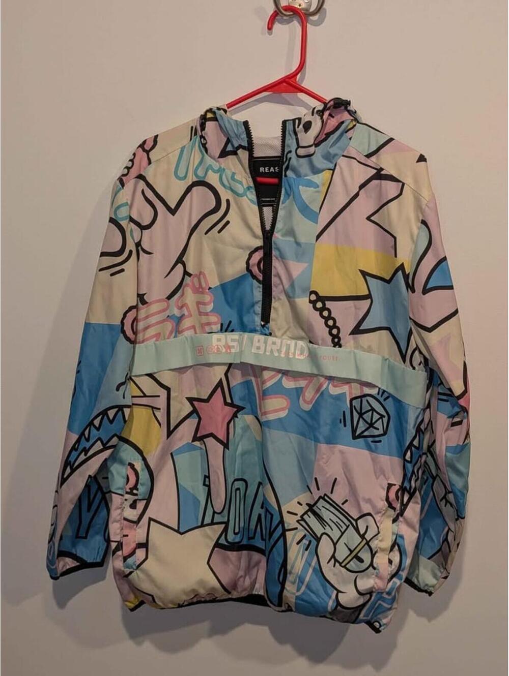 REASON colorful graphic print hooded windbreaker jacket L